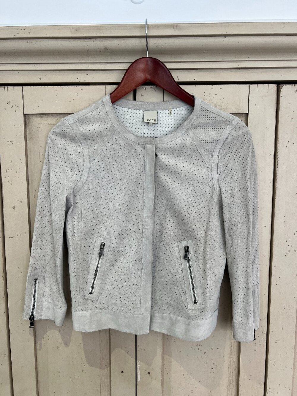 ecru Light Grey Perforated Suede Collarless Moto Jacket Zip Pockets Cuffs XS